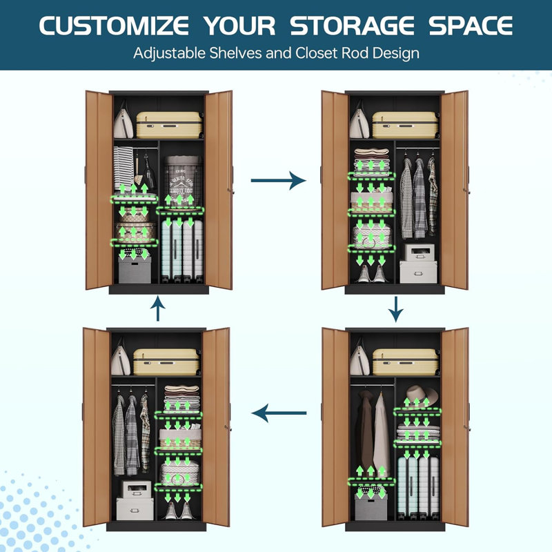 Ebern Designs Metal Wardrobe Cabinet with Locking Doors, Metal Storage ...
