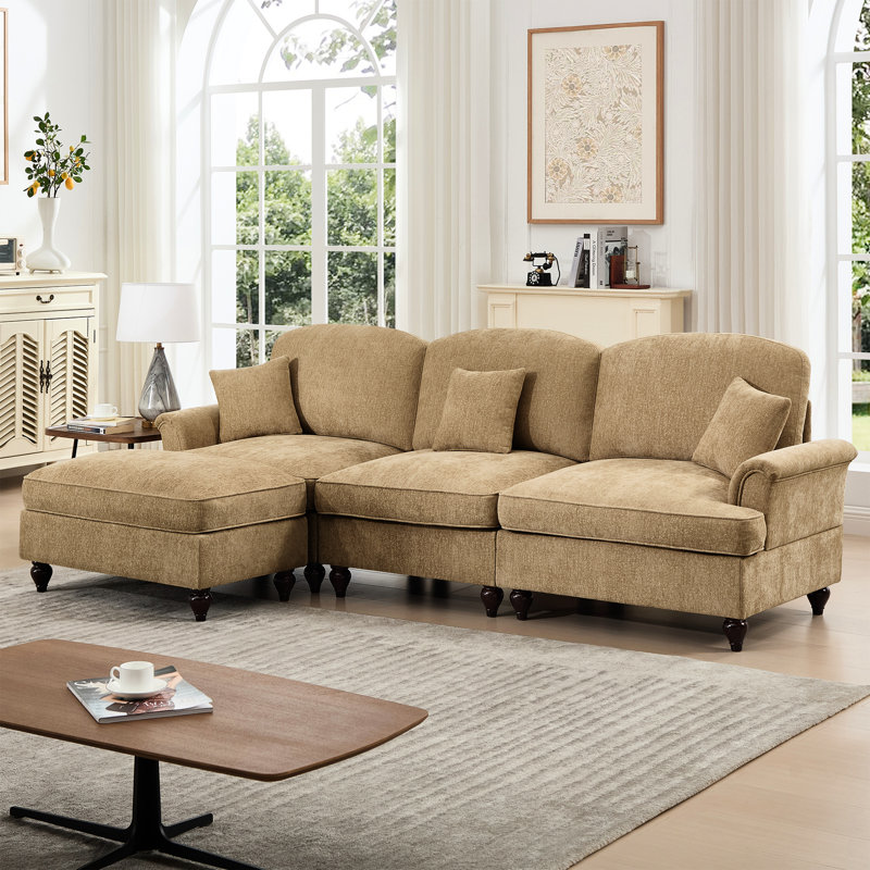 Mid Century Three Seater Modular L Shaped Sectional Couch With Flared Arms, Removable Ruffles Pleats Skirts, And Spindle Legs. Comfy Chenille 3 - Seat Deep Movable In Coffee, Offering Multiple