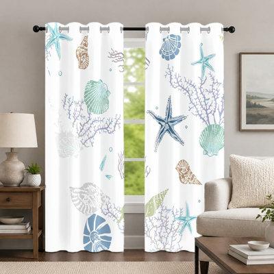 2Pcs Coastal Theme Curtains, Nautical Ocean Style Drapes, Printed Sea Shell and Starfish Pattern Window Panels, Grommet Curtains for Bedroom Living Room Decor
