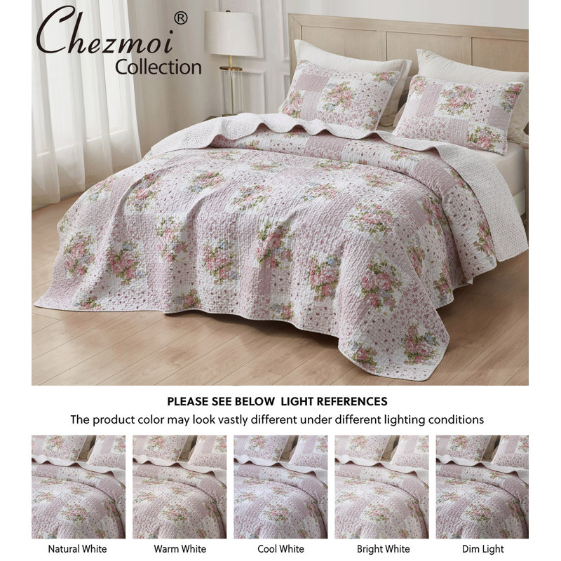 King Pink Cotton Reversible Floral Quilt Set