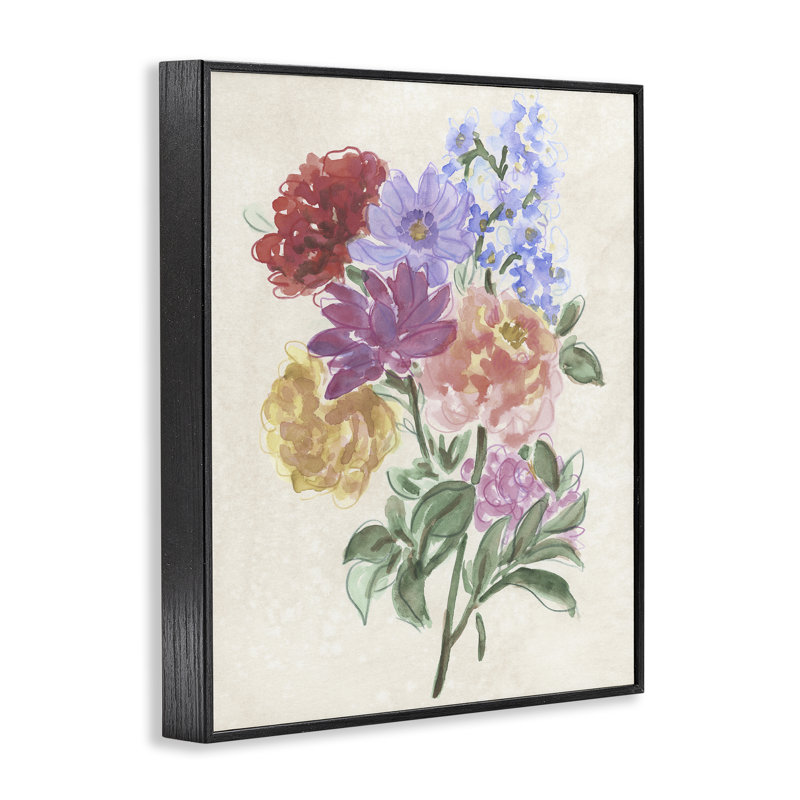 Fleurs sur fond parchemin, estampe numérique, design par June Erica Vess, H 14 po x l 11 po, Giclée encadrée noir minuit