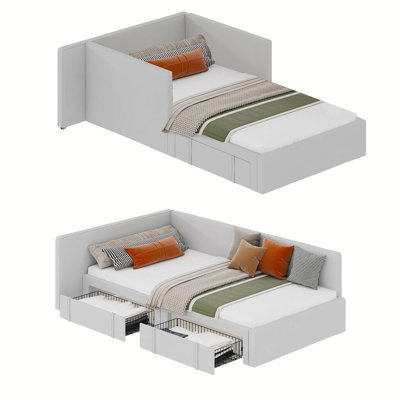 Structure de lit simple d'angle avec tête de lit, rails de lit et tiroirs de rangement, canapé-lit rembourré en velours avec garde-corps pour chambre à coucher, chambre d'amis, installation réglable