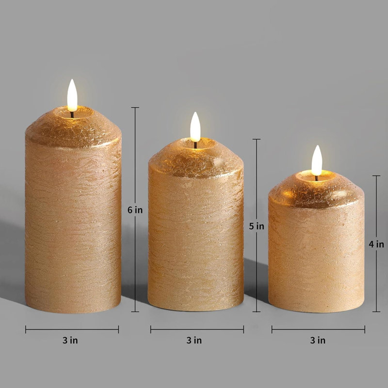 3 Pack Gold Flameless Pillar Candles with Remote: Flickering, Real Textured Wax, Battery-Operated LED Candles, Gold