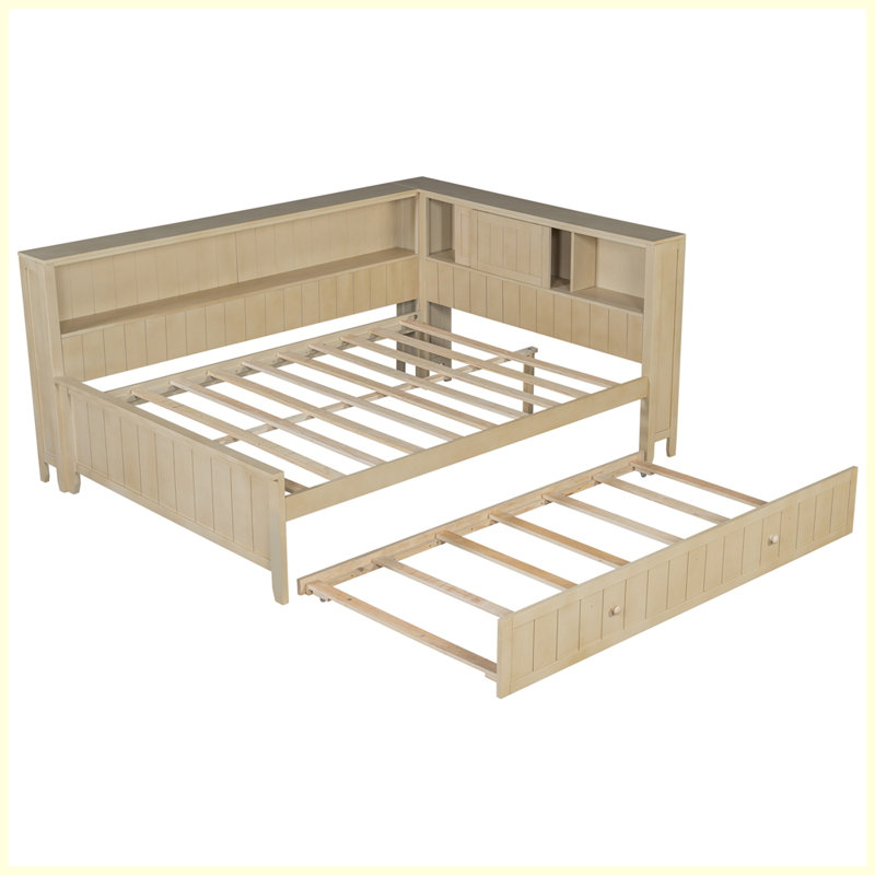 Lit de jour moderne en bois avec tablettes de rangement et lit gigogne
