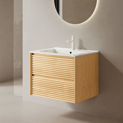 Yul 24"Nature Solid Wood Bathroom Vanity with Sink, Modern Wall-Mounted Floating Plywood Bathroom Cabinet, White Ceramic Basin, Pre-assembled, Natural Light Oak