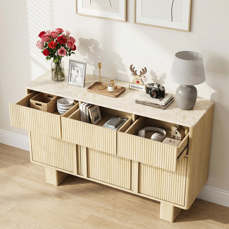 Buffet/crédence à 3 portes cannelées, 120 cm de large, tablette réglable, 30.7" H x 47.2’' W x 15.6'', White Oak