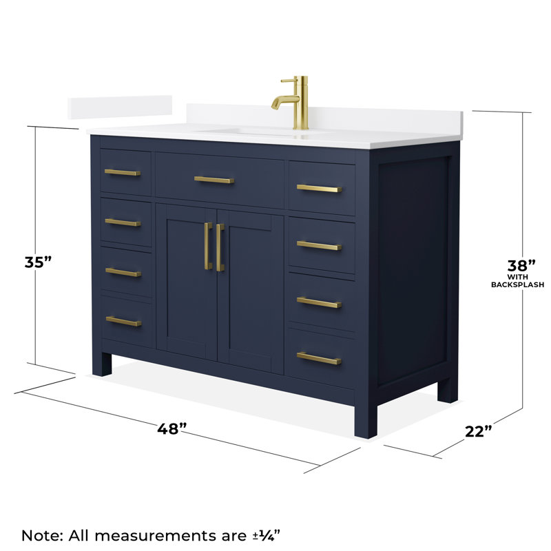 Beckett 48" Freestanding Single Bathroom Vanity with Quartz Top, Dark Blue, Brushed Gold, White Quartz