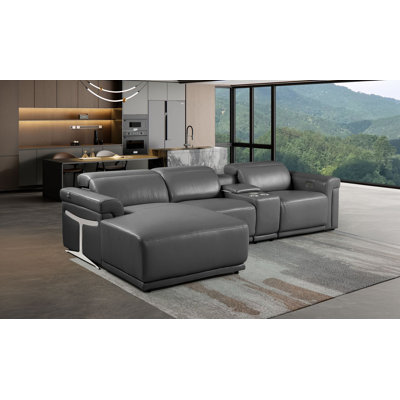 Dark Gray Right-Facing 4-Piece L-Shaped Sectional In Top-Grain Italian Leather With 2 Power Recliners & Adjustable Headrests