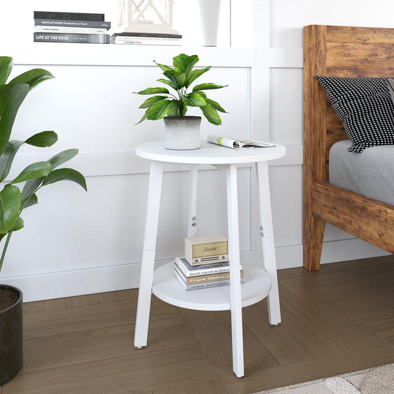 Side Table, Small Round End Table With Storage Shelf For Small Space, 2-Tier Small Bedside Table Sofa Couch Table, Round Accent Table Nighstands For Living Room, Bedroom,White