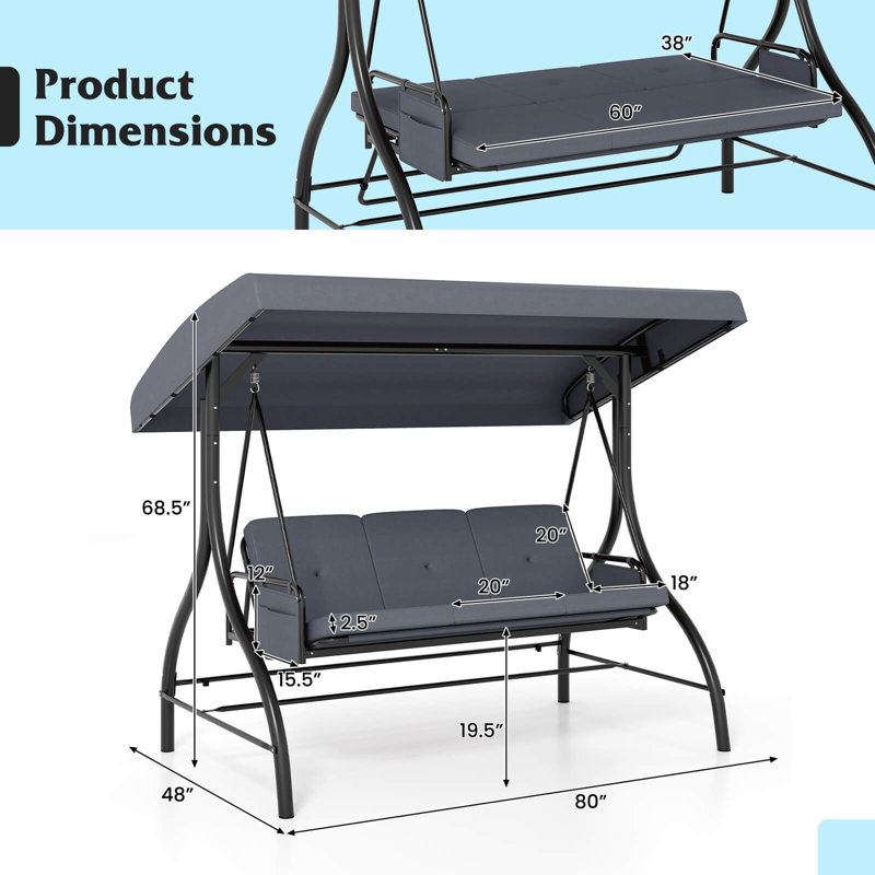 Balancelle de patio 3 places avec auvent avec coussins amovibles et support pour poches latérales, Gris