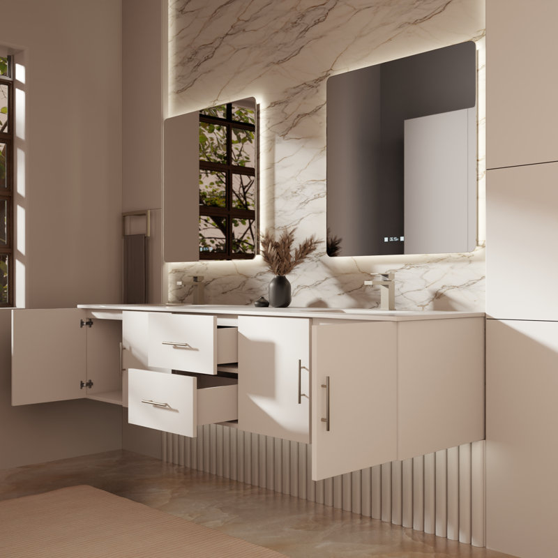 Ensemble de meuble-lavabo double mural 80 "avec miroir Geneva, Blanc lustré, Quartz blanc