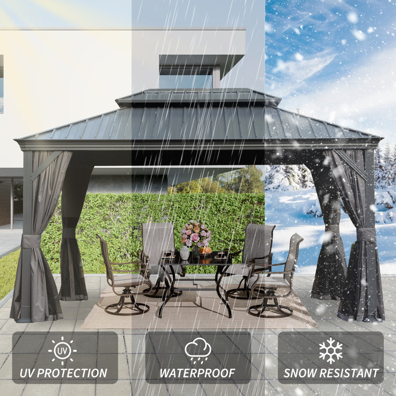 Outdoor Galvanized Steel Patio Gazebo with Double Roof, 114.65" H x 166.38" W x 117.17" D, Gray