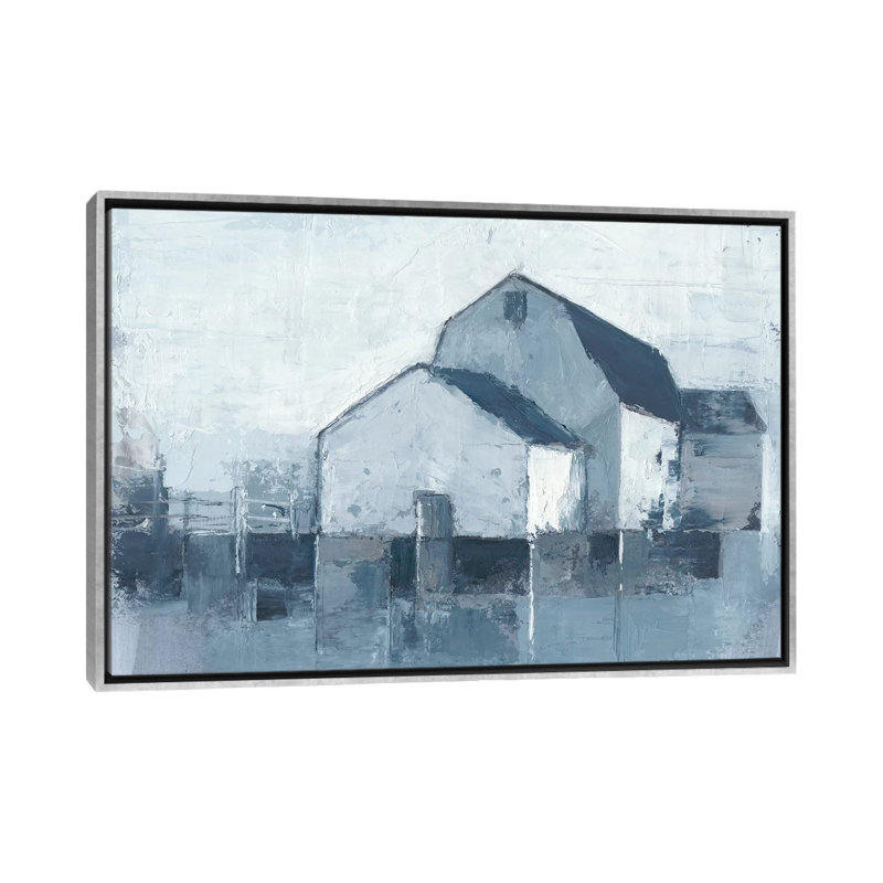 "Indigo Barns II" par Ethan Harper, reproduction d’art, H 18 po x l 26 po x P 1,5 po, Toile avec cadre argenté, Pas de tapis