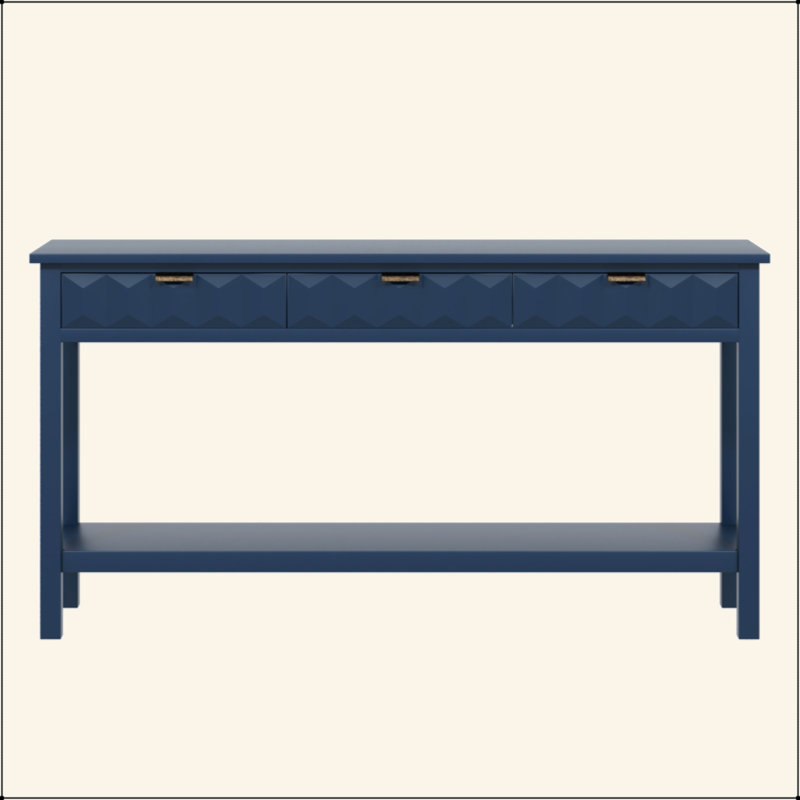 Console 60 po en placage de sapin rétro 60 po - Tiroirs à motif en nid d'abeille + poignées en fer vieilli, 3 tiroirs + tablette inférieure ouverte, pieds en pin massif pour le vestibule / salon / couloir / bureau / vestibule