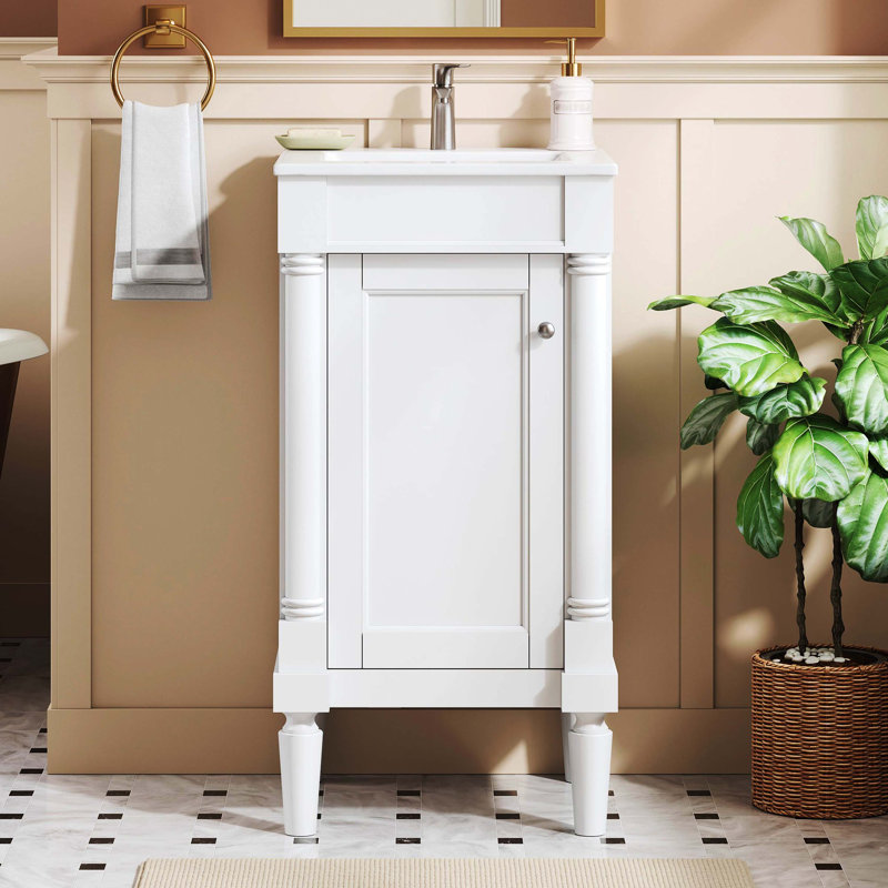 Armoire de salle de bain 18 po style français avec rangement et lavabo en céramique, solution pour petit espace, tablette réglable et charnières à fermeture douce