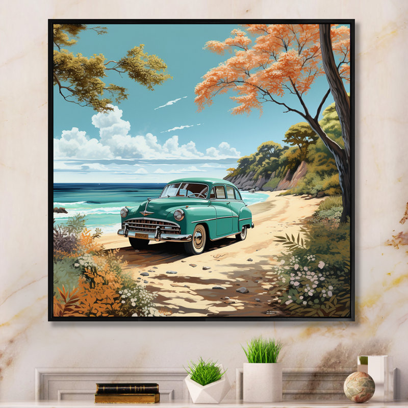 Vintage Oldtimer Classic Turquoise Car Beachside sur impression sur toile, 24" H x 24" W, Cadre flottant noir