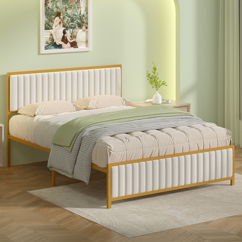 Single/Double Metal Platform Bed Frame With Upholstered Headboard And Footboard, No Box Spring Needed, Grey/Beige, Beige
