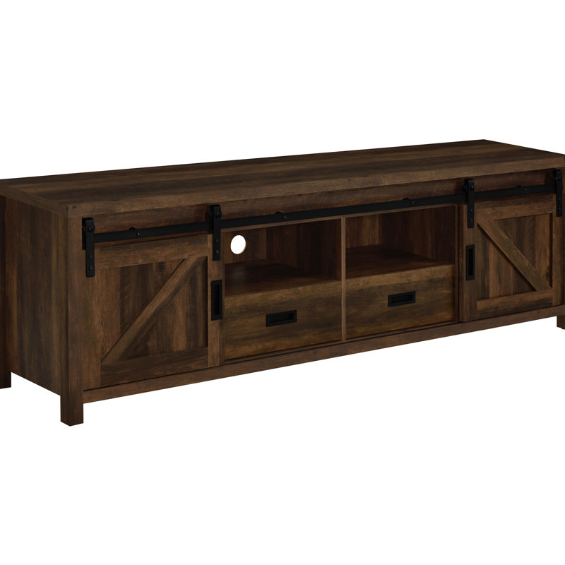 Meuble télé en bois d'ingénierie à 2 portes en pin foncé, avec portes coulissantes peu encombrantes et deux tiroirs pour agencements en bois de pin, avec rangement pour tiroirs de 70 à 79