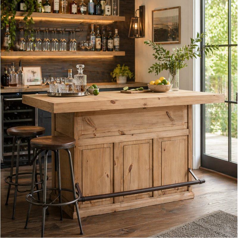 Solid Wood Bar with Iron Footrail, Beige