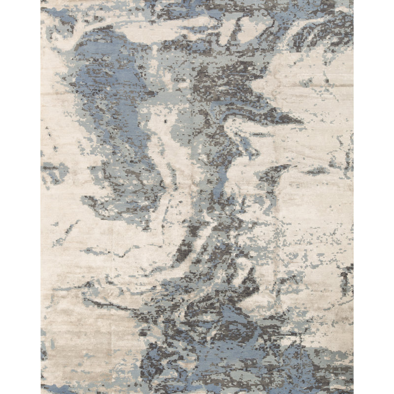 Tapis bleu et ivoire de haute qualité noué à la main, Rectangle 2 pi x 3 pi