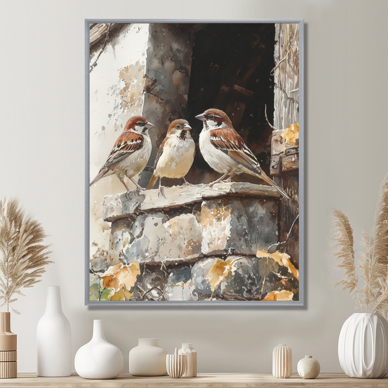 Sparrows Birds In The Farmyard III - Art mural oiseau, H 32 po x l 16 po, Reproduction avec cadre flottant, Argent argent