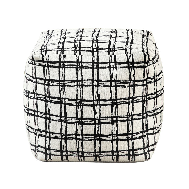 Stylish Black White Fabric Upholstered Pouf, Non-Slip, 16" Square With Zipper, 16 Inch Dimensions
