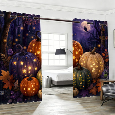 2Pcs Halloween Pumpkin Blackout Curtains, Enchanted Forest Night Scene with Glowing Pumpkins and Full Moon, Decorative Window Drapes for Living Room, Bedroom, Home Decor