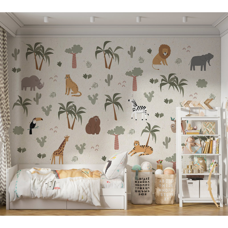 Adhésif mural pelez et collez pour enfants - Dessin de composition de jungle, L 124 po x l 173 po