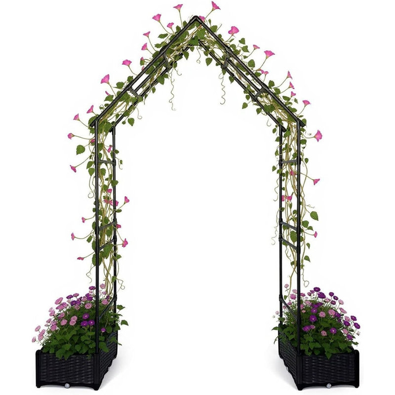 Treillis de jardin en métal robuste avec deux boîtes à fleurs - Arche décorative pour plantes grimpantes, patio, pelouse, cour arrière