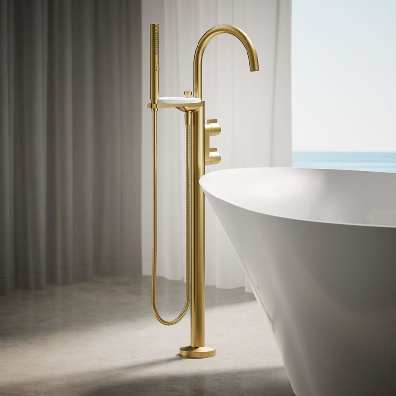 Components Floor-Mount Bath Filler Trim, Vibrant Brushed Moderne Brass, Knob Handle