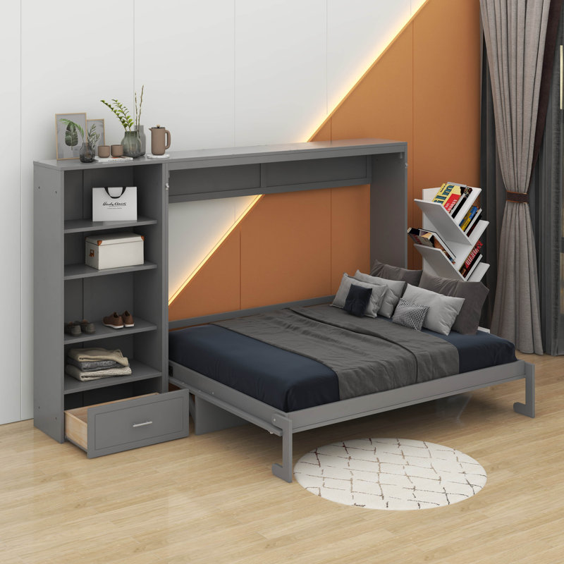 Grand lit escamotable avec compartiments de rangement à hauteur réglable, Gris