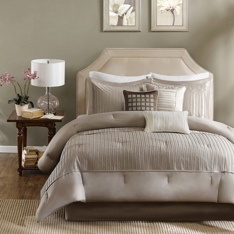 Très grand édredon en taupe charmeuse, 7 pièces, facile à repasser, coussin décoratif