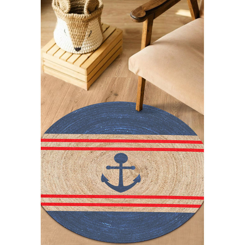 Tapis beige / bleu / rouge en jute tissé à la machine Burnham, Rond 2 pi 7 po