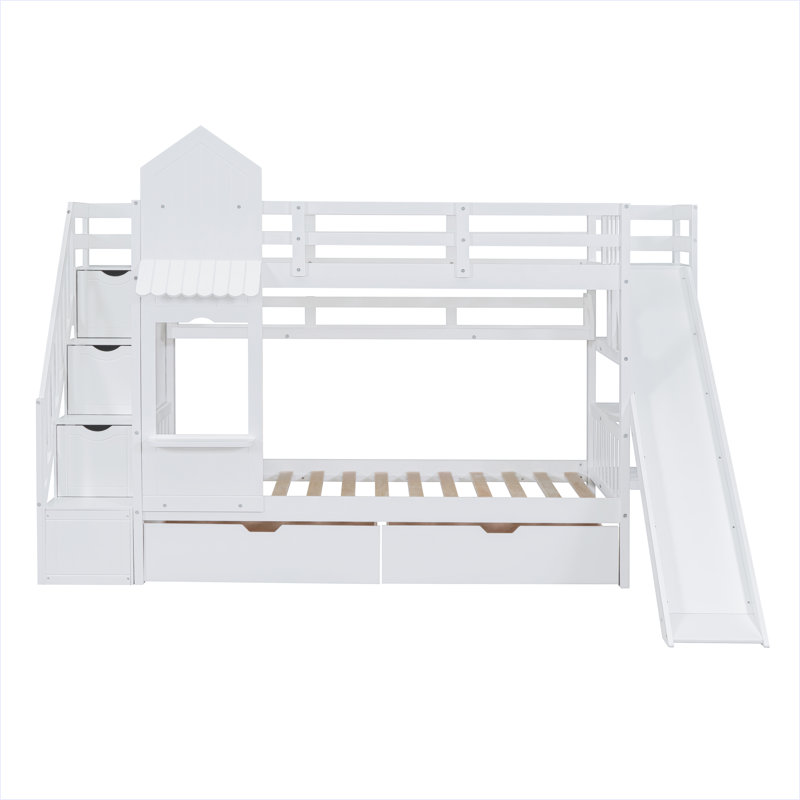 Lit superposé de style château avec 2 tiroirs, 3 tablettes et glissade, Blanc, Lit superposé simple sur simple