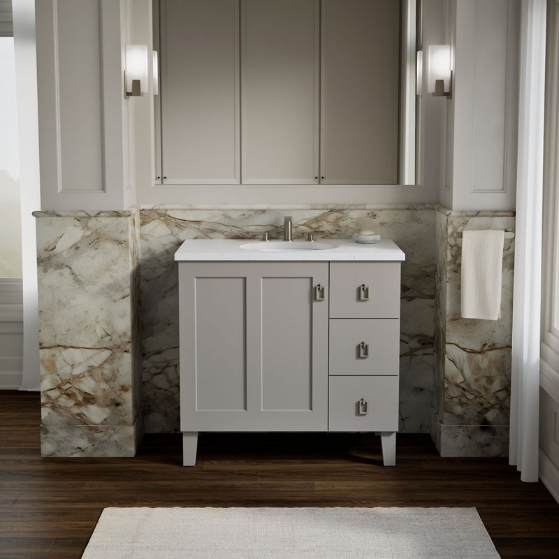 Poplin® 36 po Meuble-lavabo avec pieds de meuble, 1 porte et 3 tiroirs à droite, Mohair gris