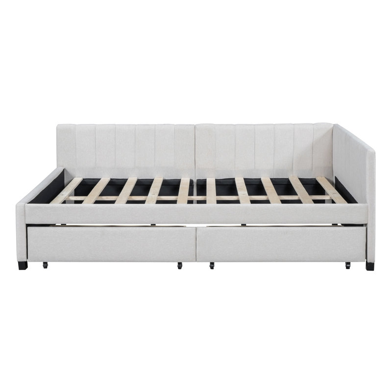 Lit de jour en tissu d'ameublement avec 2 tiroirs Kupono, Beige, Twin