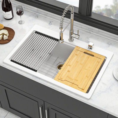 Quartz Kitchen Sink - 33X22" Black Granite Composite Workstation Drop-In Kitchen Sink