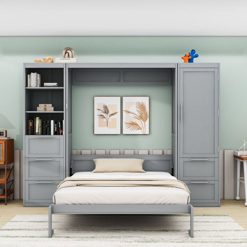 Murphy Bed with Closet, Drawers and Shelves, Gray