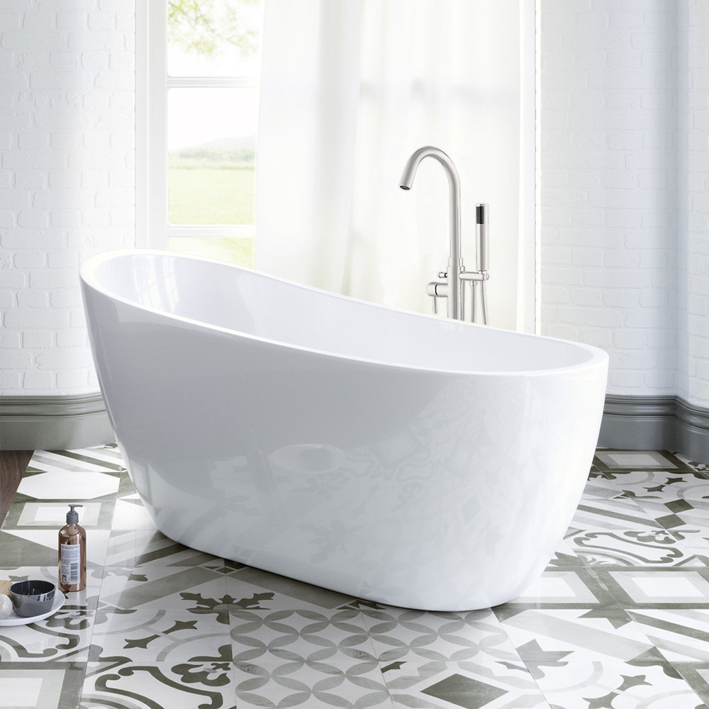 54" x 28" Freestanding Soaking Single Slipper Bathtub with Reversible Drain, Faucet WoodBridge