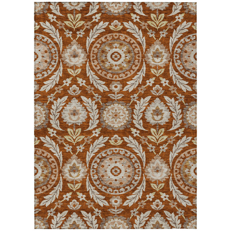 3' X 5' Orange Taupe And Gold Floral Washable Indoor Outdoor Area Rug