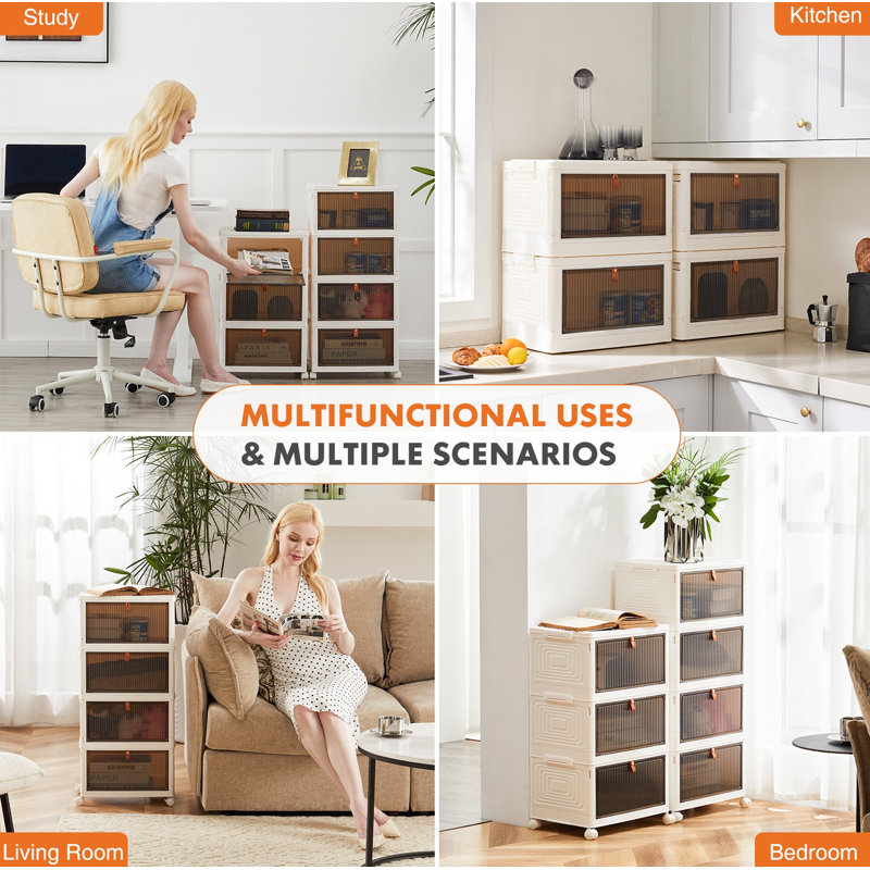 4 Tier Stackable Plastic Storage Bins with Lid,Magnetic Doors,Lockable Wheels