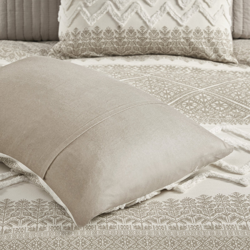 Taupe and White Cotton Full Comforter Set with Chenille Tufting