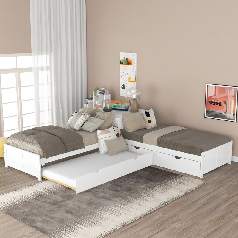 Lit plateforme en L avec lit gigogne, tiroirs et bureau intégré pour une utilisation compacte et peu encombrante, Blanc