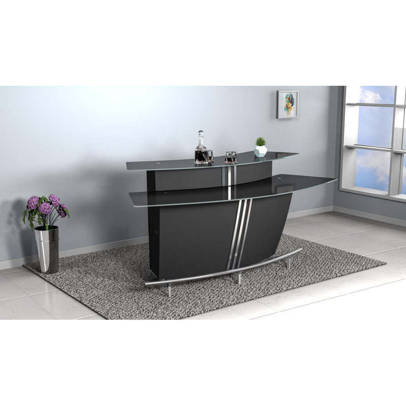 Broadway Contemporary Black Glass Bar w/ Counter & Shelves, Black