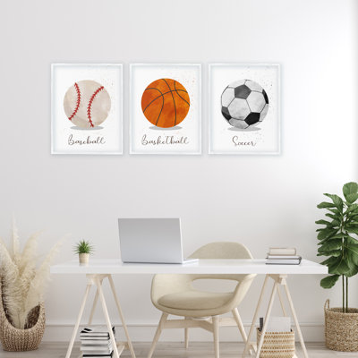 Let's Play Ball Kid's Sports 3pc Framed Giclee Set, design by Christine Simpson Art