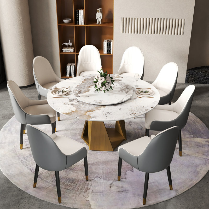 53" Round Table In White Sintered Stone, Metal Base, 6, 23.62" Turntable, Easy To Keep Clean With Stone Surface & 6 Capacity, Rotating Disk, Stable And Impervious Liquids Desk