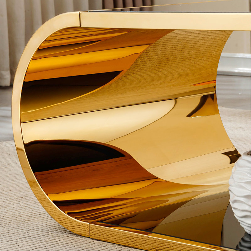 57" Stainless With Glass Coffee Table, Modern Coffee Table For Living Room, 2-Tier Glass Top With Large Space Fashion Design