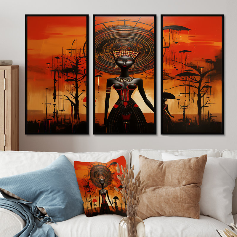 Pleine lune, déesse, paysage abstrait minimal - ensemble d'art mural africain, H 28 po x l 36 po x P 1 po