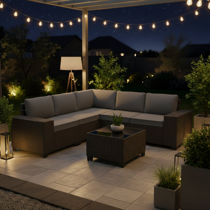 Ensemble de canapé modulaire en rotin PEHD pour l'extérieur 5 personnes avec coussins et accoudoirs larges toutes saisons
