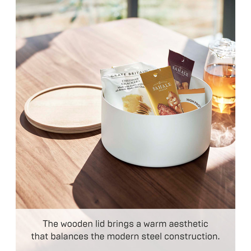 White Round Steel Storage Bin with Wooden Lid